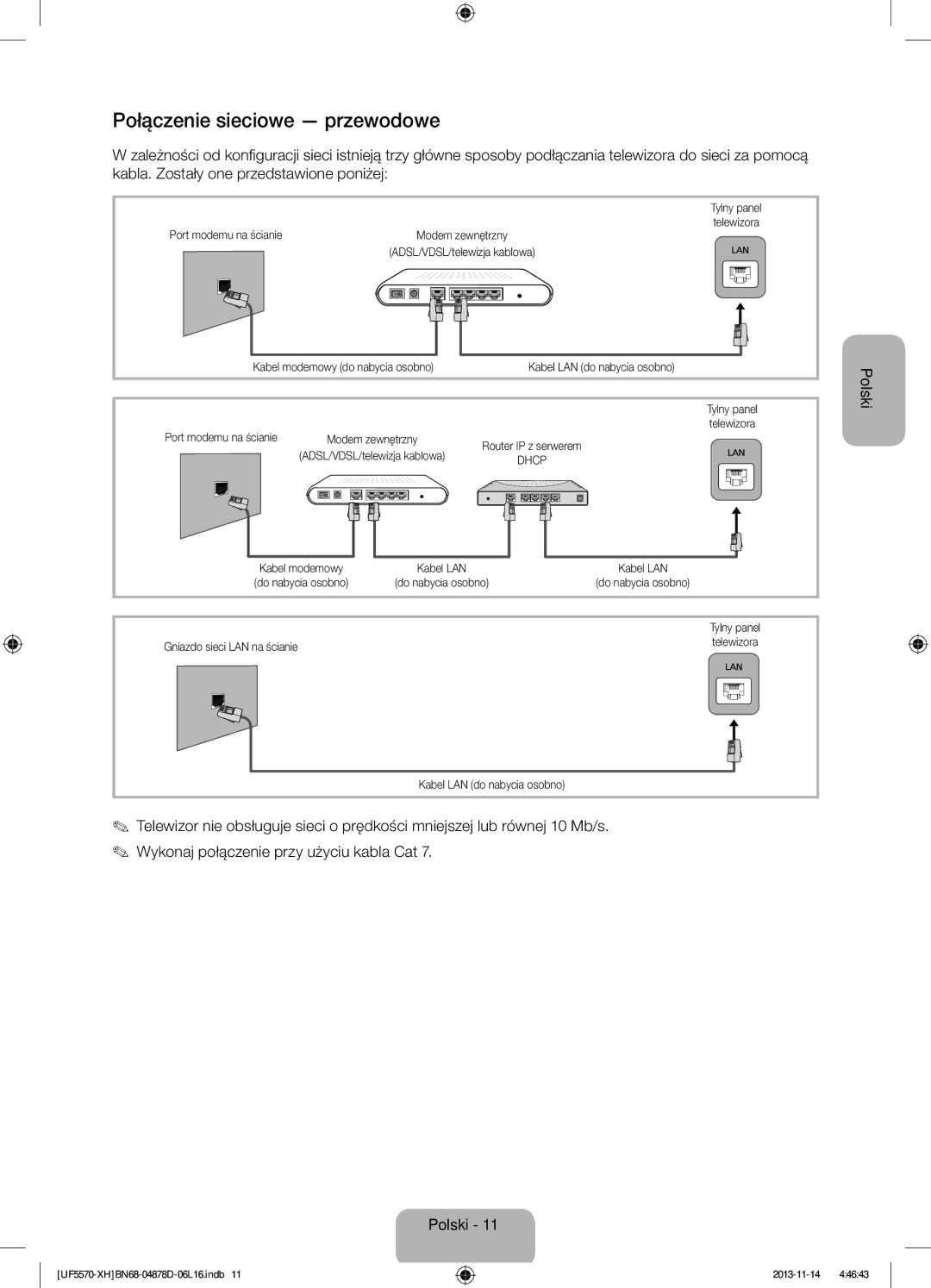 Samsung UE46F5570SSXZH manual Połączenie sieciowe przewodowe, Port modemu na ścianie, Gniazdo sieci LAN na ścianie 