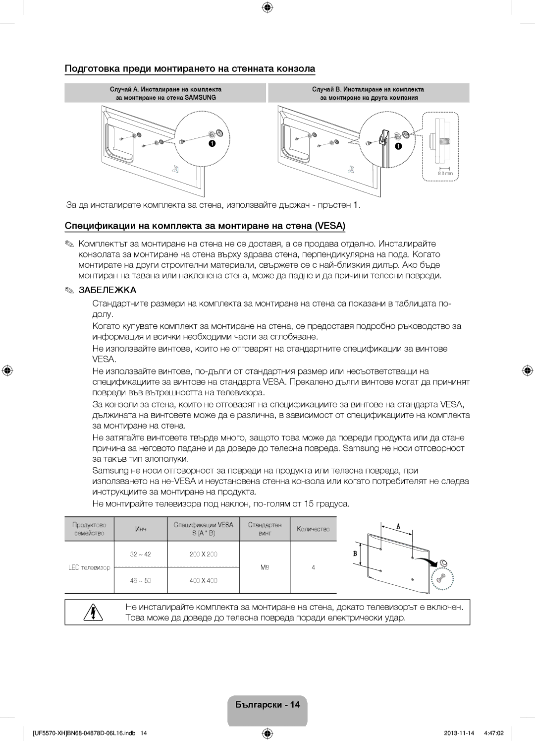 Samsung UE46F5570SSXXH, UE32F5570SSXZG, UE46F5570SSXZG, UE46F5570SSXZH manual Подготовка преди монтирането на стенната конзола 