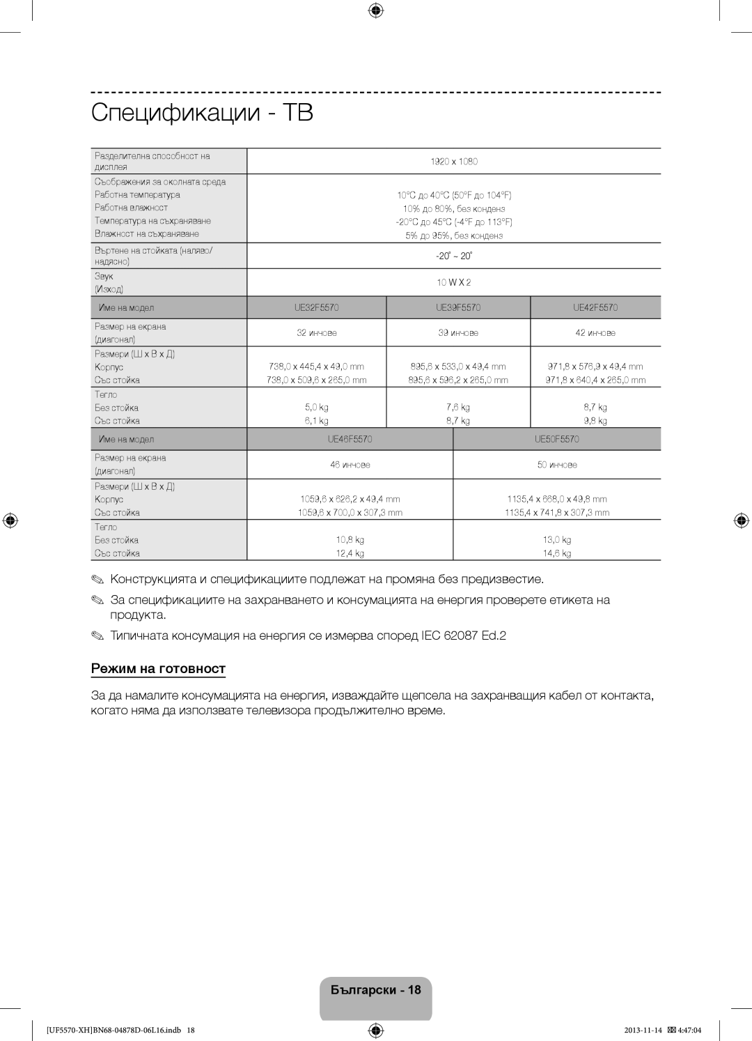 Samsung UE46F5570SSXXH, UE32F5570SSXZG, UE46F5570SSXZG, UE46F5570SSXZH manual Спецификации ТВ, Режим на готовност 