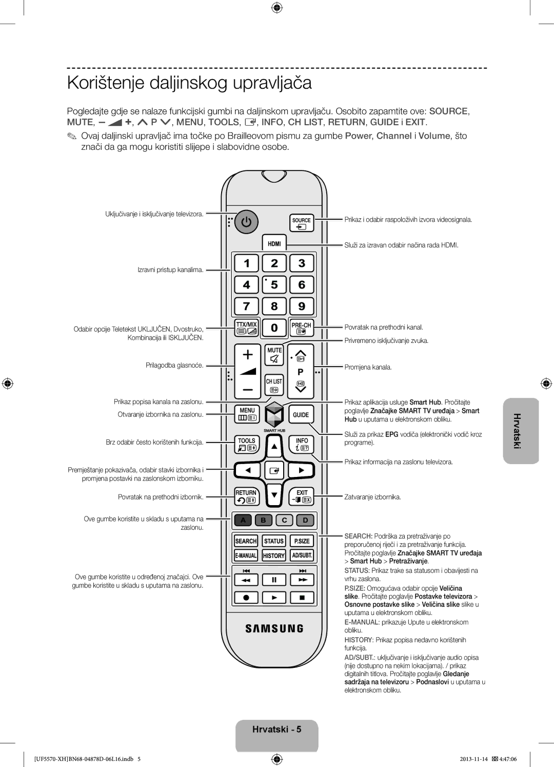 Samsung UE46F5570SSXZH, UE32F5570SSXZG, UE46F5570SSXZG, UE46F5570SSXXH manual Korištenje daljinskog upravljača 