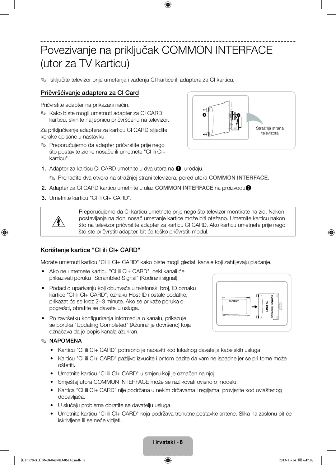 Samsung UE46F5570SSXXH Pričvršćivanje adaptera za CI Card, Korištenje kartice CI ili CI+ Card, Stražnja strana Televizora 