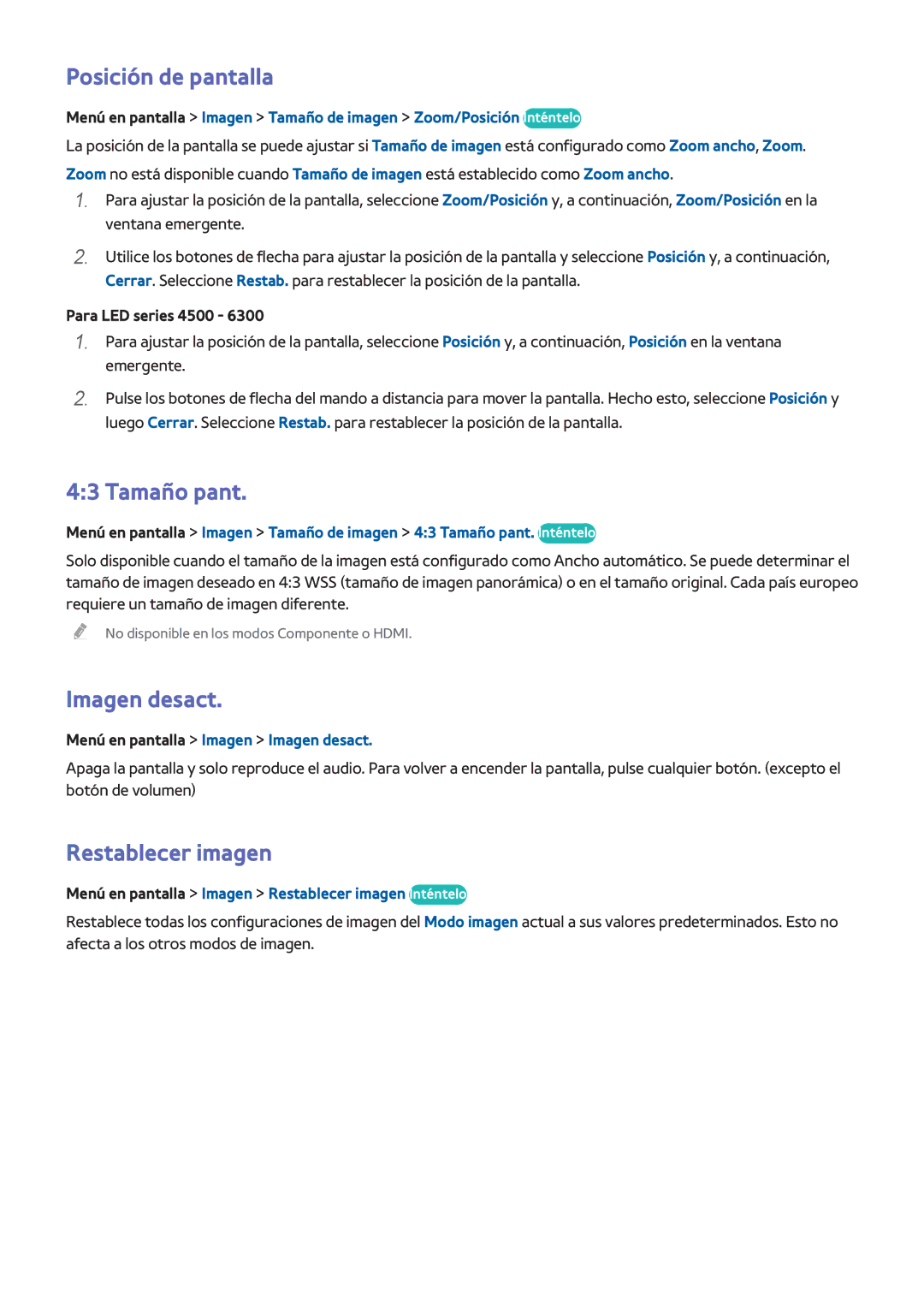 Samsung UE46F6800SSXXC, UE32F5700AWXZH, UE65F6400AWXXH Posición de pantalla, Tamaño pant, Imagen desact, Restablecer imagen 