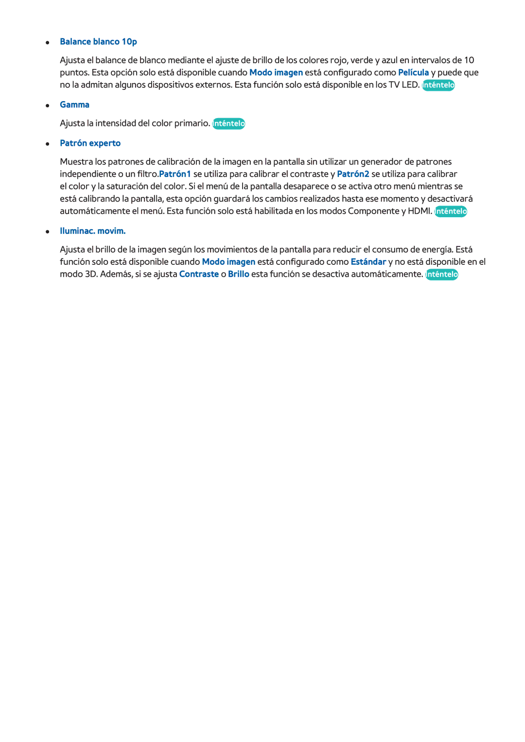 Samsung UE46F5570SSXXH, UE32F5700AWXZH, UE65F6400AWXXH manual Balance blanco 10p, Gamma, Patrón experto, Iluminac. movim 