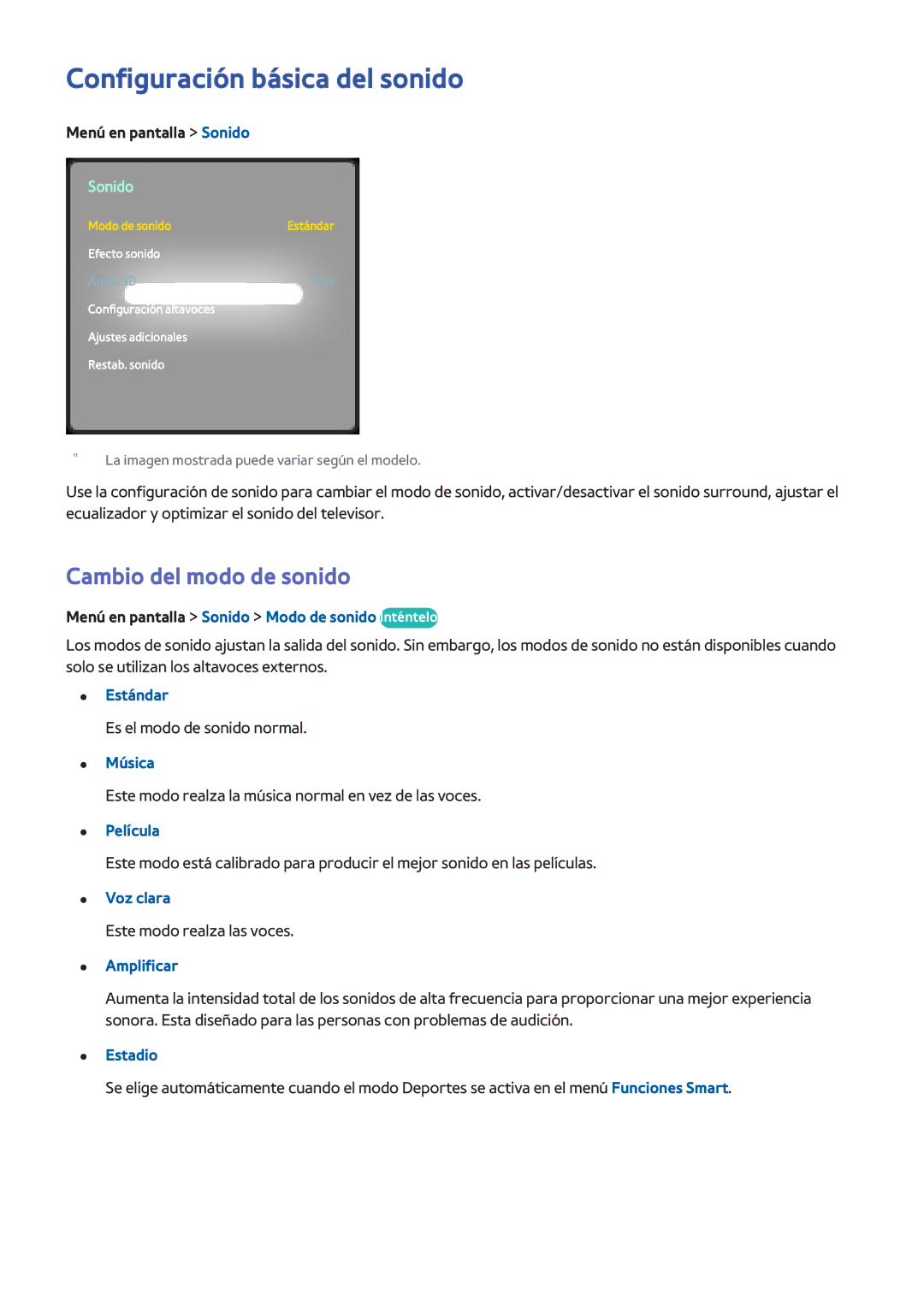 Samsung UE40F6510SSXXC, UE32F5700AWXZH, UE65F6400AWXXH manual Configuración básica del sonido, Cambio del modo de sonido 