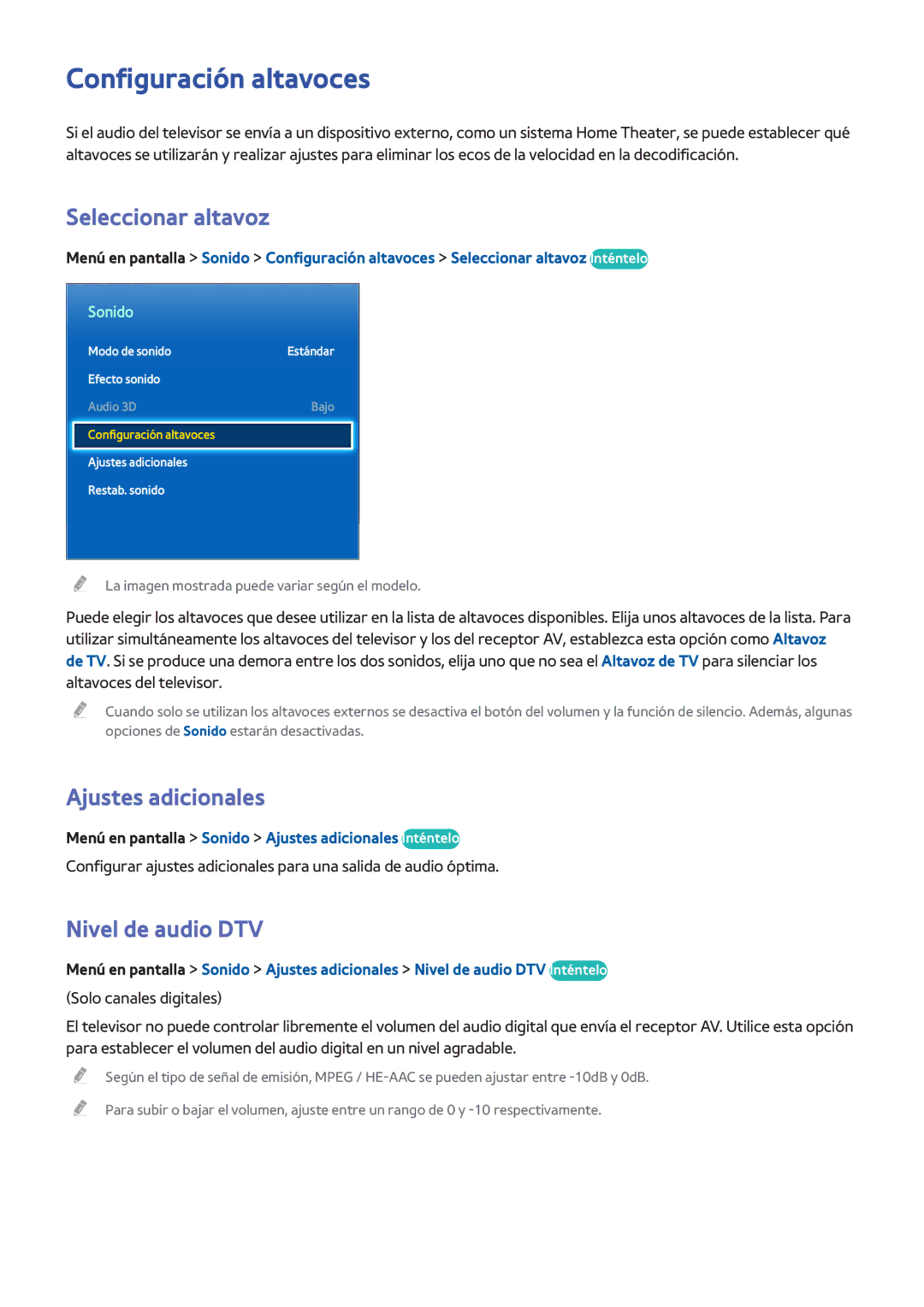 Samsung UE40F5300AWXXC manual Configuración altavoces, Seleccionar altavoz, Ajustes adicionales, Nivel de audio DTV 