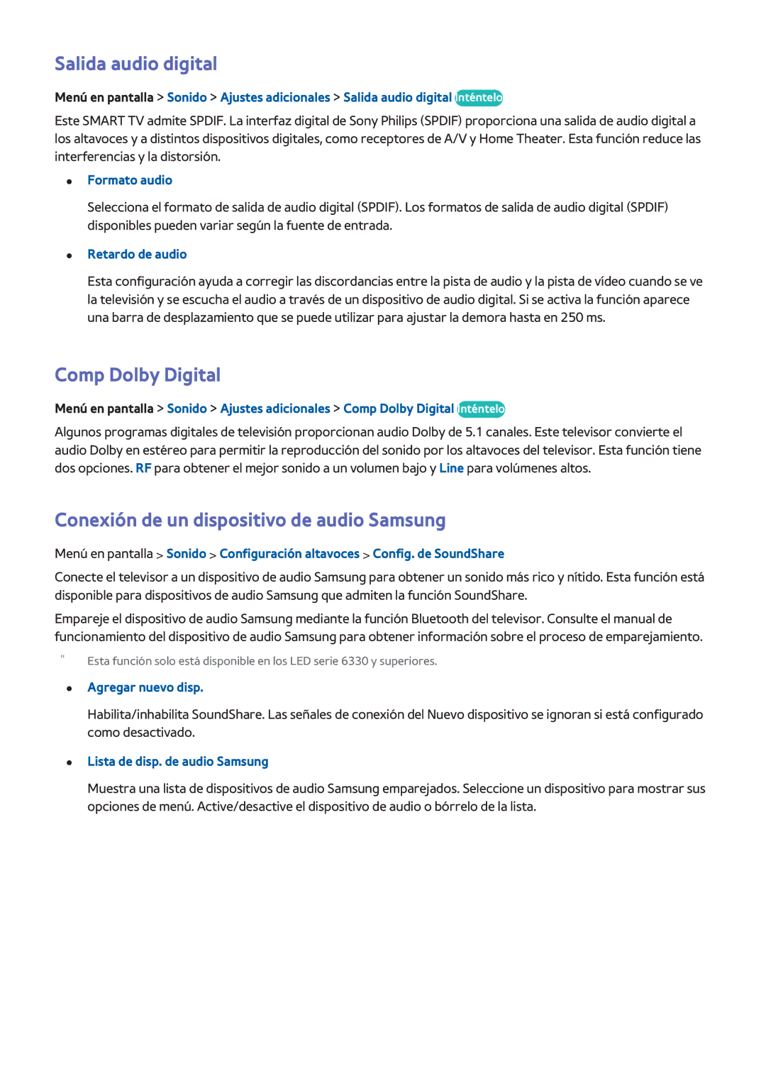 Samsung UE32F5500AWXXN manual Salida audio digital, Comp Dolby Digital, Conexión de un dispositivo de audio Samsung 