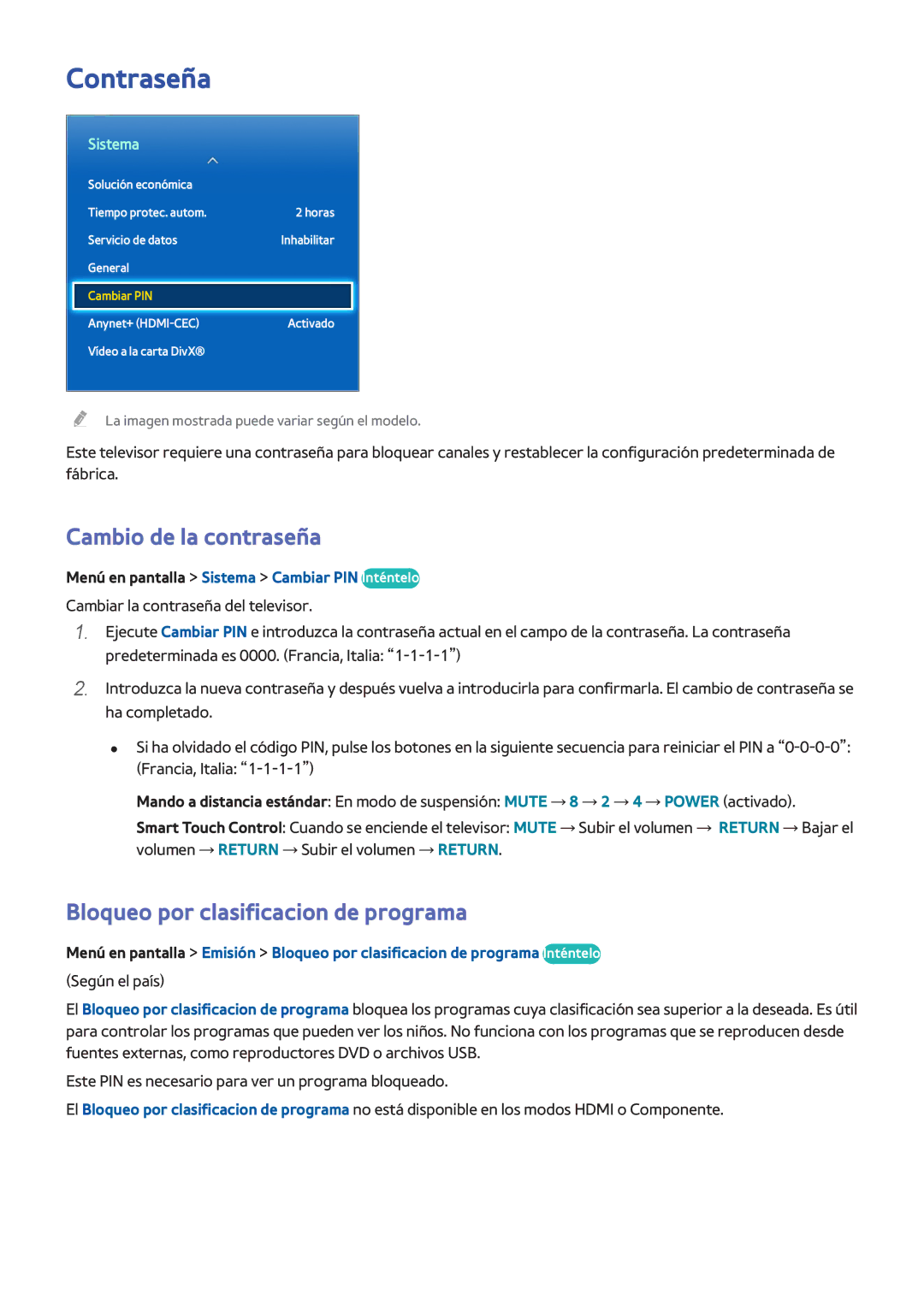 Samsung UE40F6670SSXXC, UE32F5700AWXZH manual Contraseña, Cambio de la contraseña, Bloqueo por clasificacion de programa 