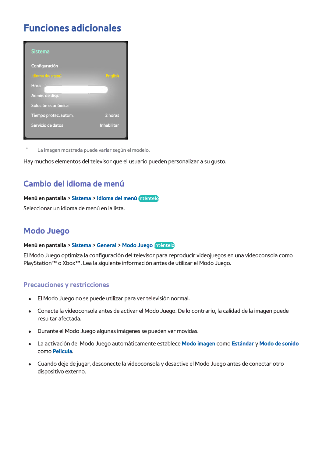 Samsung UE50F6400AWXXC manual Funciones adicionales, Cambio del idioma de menú, Modo Juego, Precauciones y restricciones 