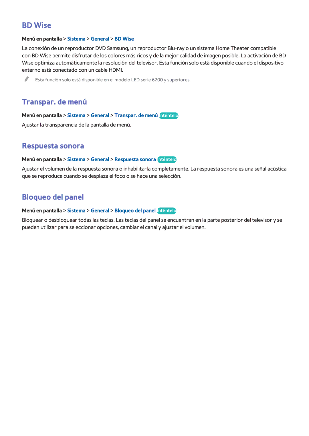 Samsung UE50F5700AWXXC, UE32F5700AWXZH, UE65F6400AWXXH manual BD Wise, Transpar. de menú, Respuesta sonora, Bloqueo del panel 