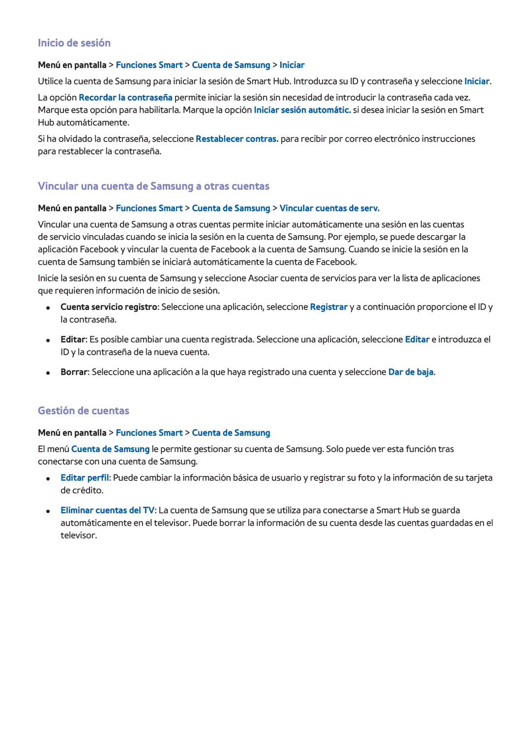 Samsung UE46F5370SSXXH manual Inicio de sesión, Vincular una cuenta de Samsung a otras cuentas, Gestión de cuentas 