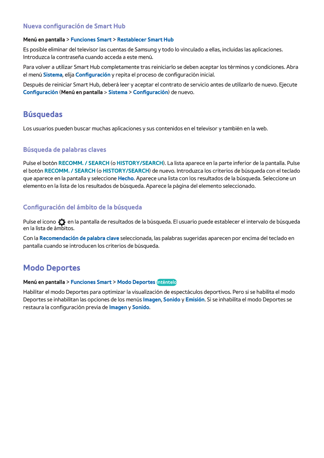 Samsung UE55F6510SSXXC, UE32F5700AWXZH manual Modo Deportes, Nueva configuración de Smart Hub, Búsqueda de palabras claves 