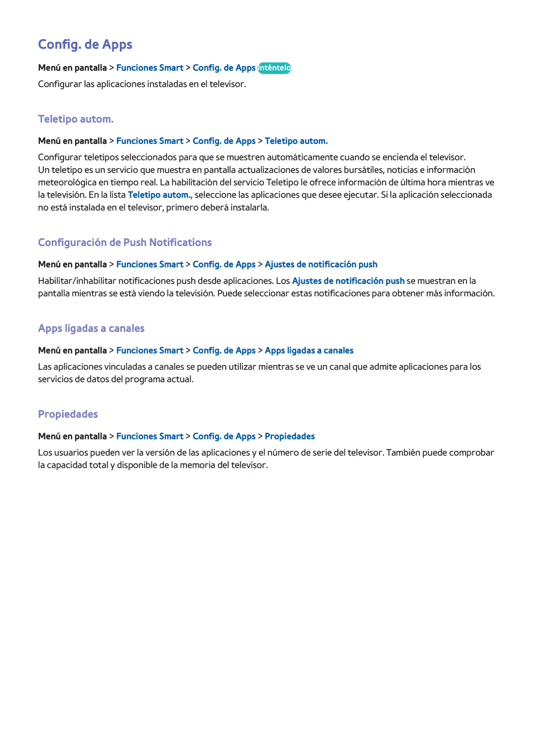 Samsung UE60F6300AWXXH manual Config. de Apps, Teletipo autom, Configuración de Push Notifications, Apps ligadas a canales 