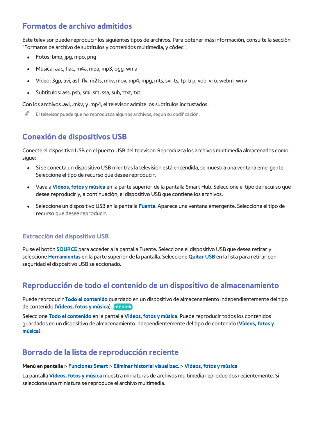 Samsung UE65F6400AWXXC manual Formatos de archivo admitidos, Conexión de dispositivos USB, Extracción del dispositivo USB 