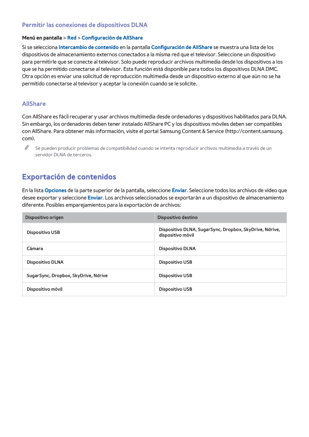 Samsung UE39F5300AWXXC, UE32F5700AWXZH Exportación de contenidos, Permitir las conexiones de dispositivos Dlna, AllShare 