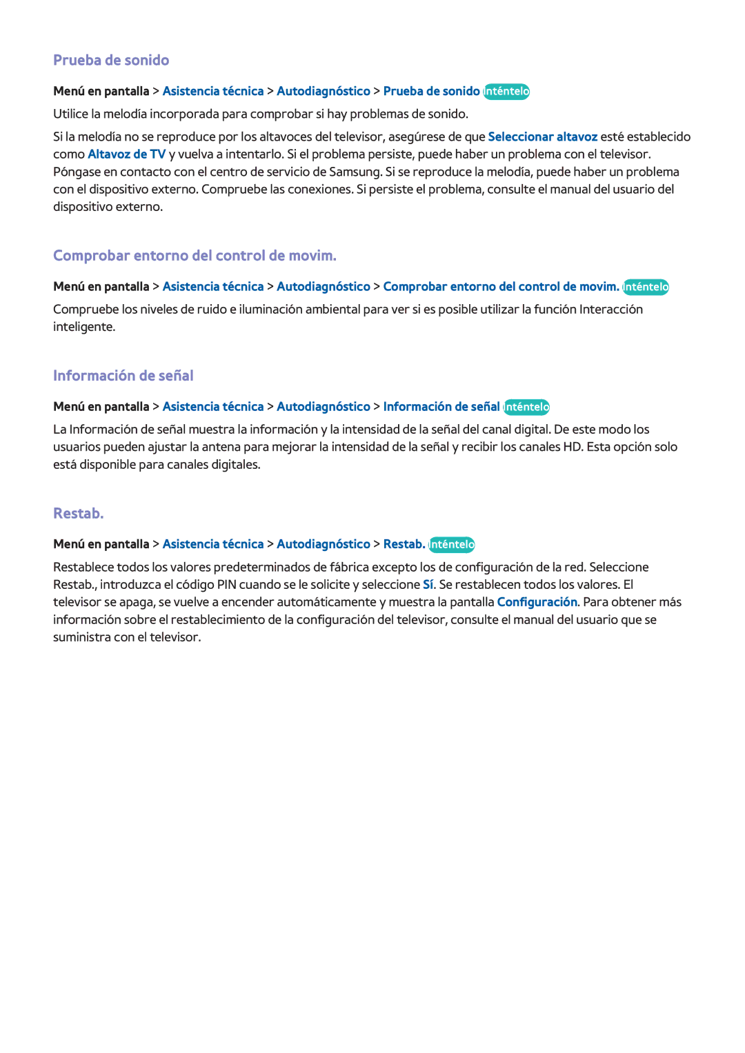 Samsung UE40F6200AWXXC manual Prueba de sonido, Comprobar entorno del control de movim, Información de señal, Restab 