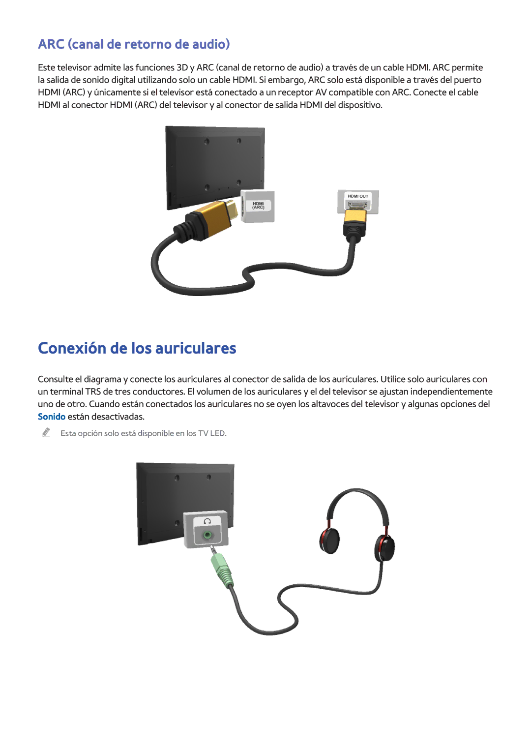 Samsung UE46F6320AWXXC, UE32F5700AWXZH, UE65F6400AWXXH manual Conexión de los auriculares, ARC canal de retorno de audio 