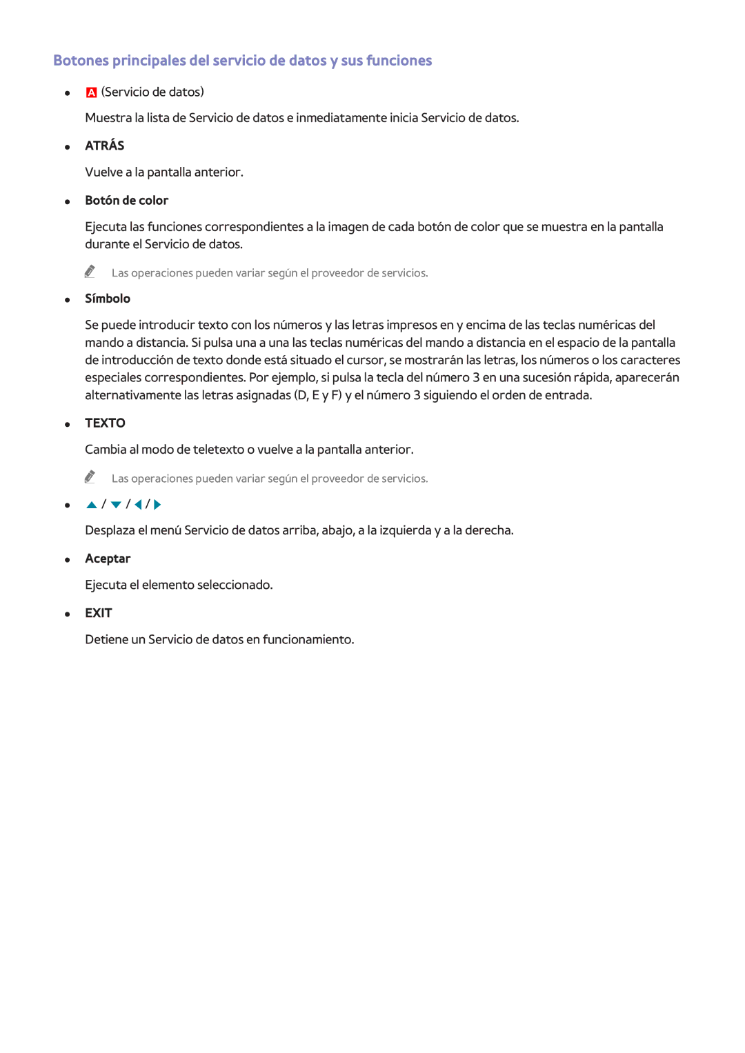 Samsung UE65F6400AWXXH manual Botones principales del servicio de datos y sus funciones, Botón de color, Símbolo, Aceptar 