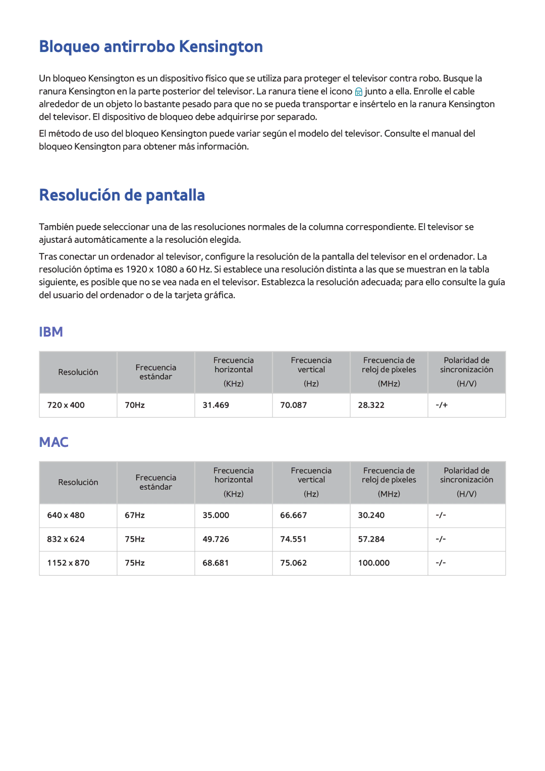 Samsung UE46F5500AWXXC, UE32F5700AWXZH, UE65F6400AWXXH, UE40F6400AWXXC Bloqueo antirrobo Kensington, Resolución de pantalla 