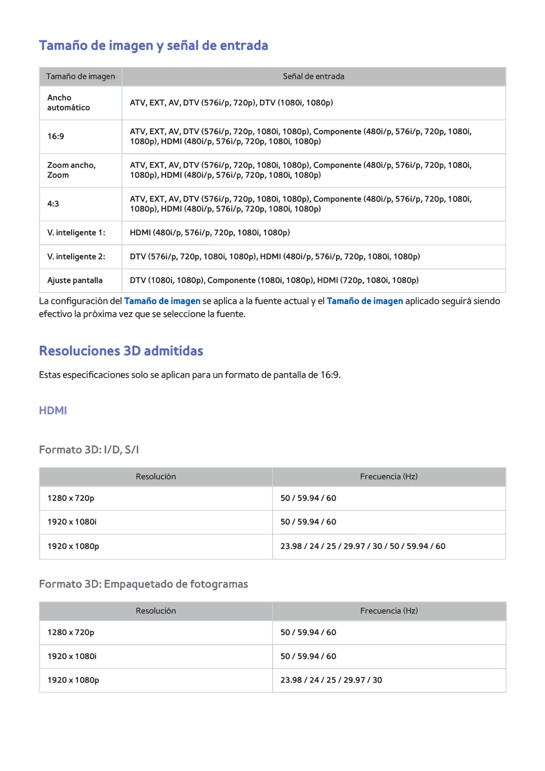 Samsung UE55F6400AWXXH, UE32F5700AWXZH, UE65F6400AWXXH manual Tamaño de imagen y señal de entrada, Resoluciones 3D admitidas 