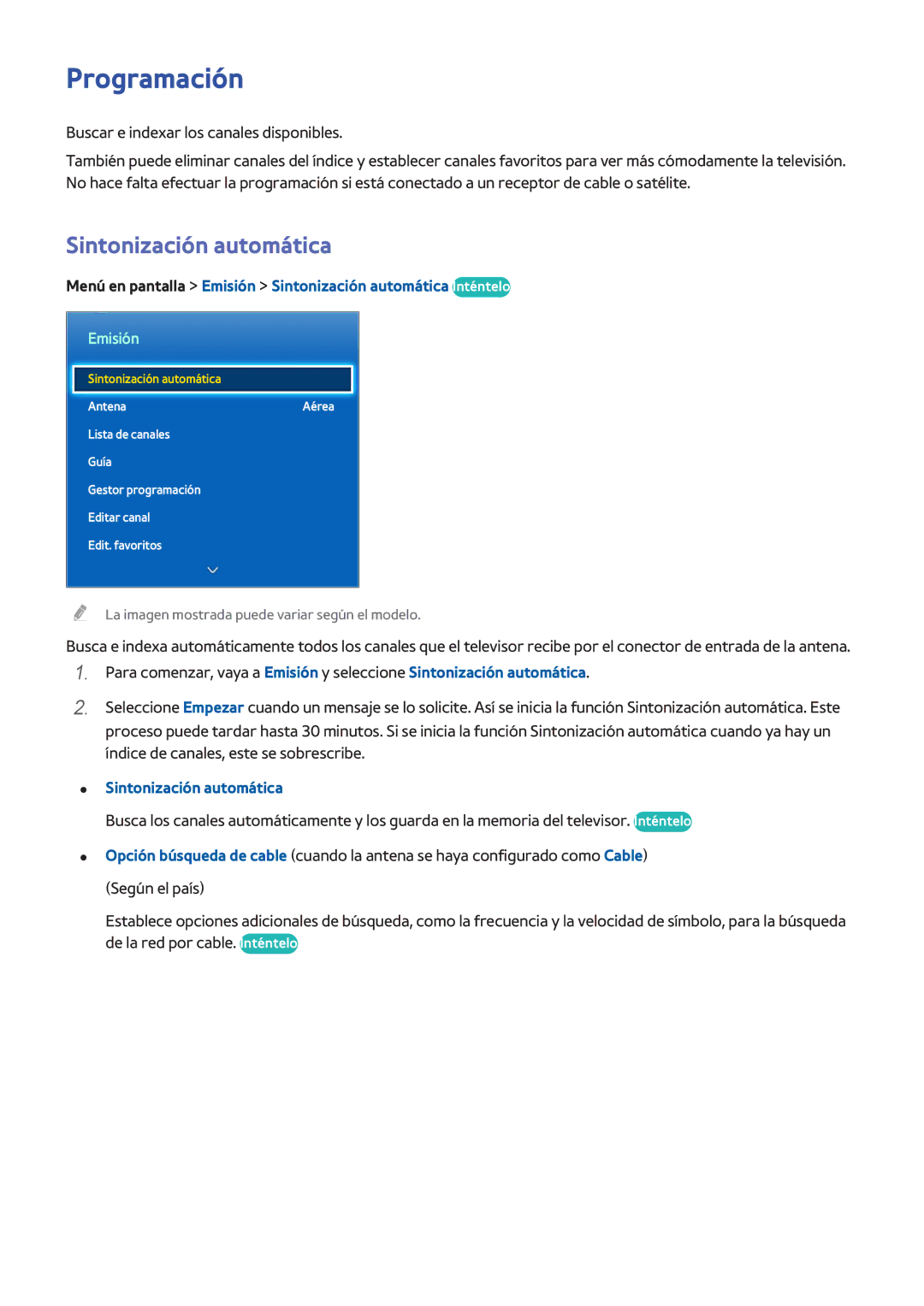 Samsung UE46F6800SSXXC, UE32F5700AWXZH manual Programación, Menú en pantalla Emisión Sintonización automática Inténtelo 