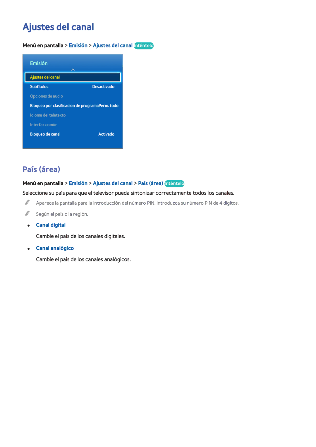 Samsung UE50F6640SSXXC País área, Menú en pantalla Emisión Ajustes del canal Inténtelo, Canal digital, Canal analógico 