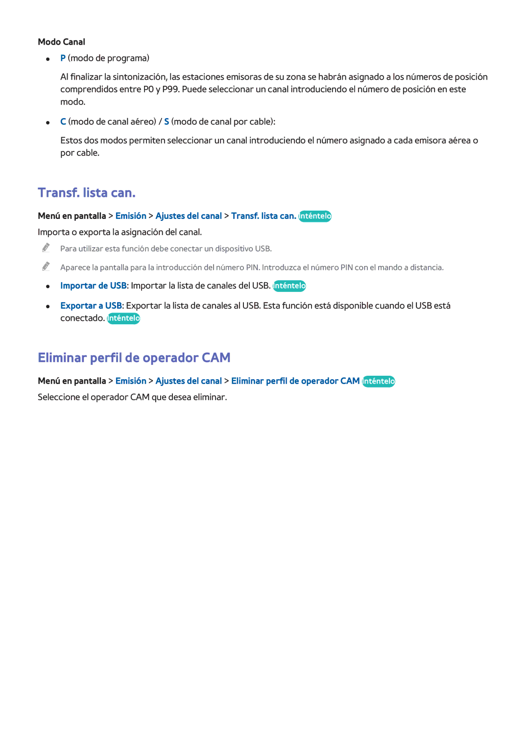 Samsung UE46F5300AWXXC, UE32F5700AWXZH, UE65F6400AWXXH manual Transf. lista can, Eliminar perfil de operador CAM, Modo Canal 