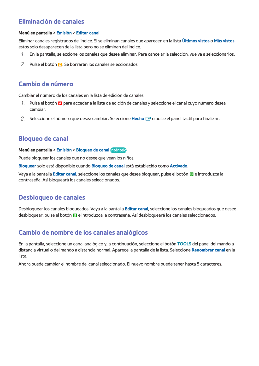 Samsung UE40F5300AWXXC, UE32F5700AWXZH Eliminación de canales, Cambio de número, Bloqueo de canal, Desbloqueo de canales 