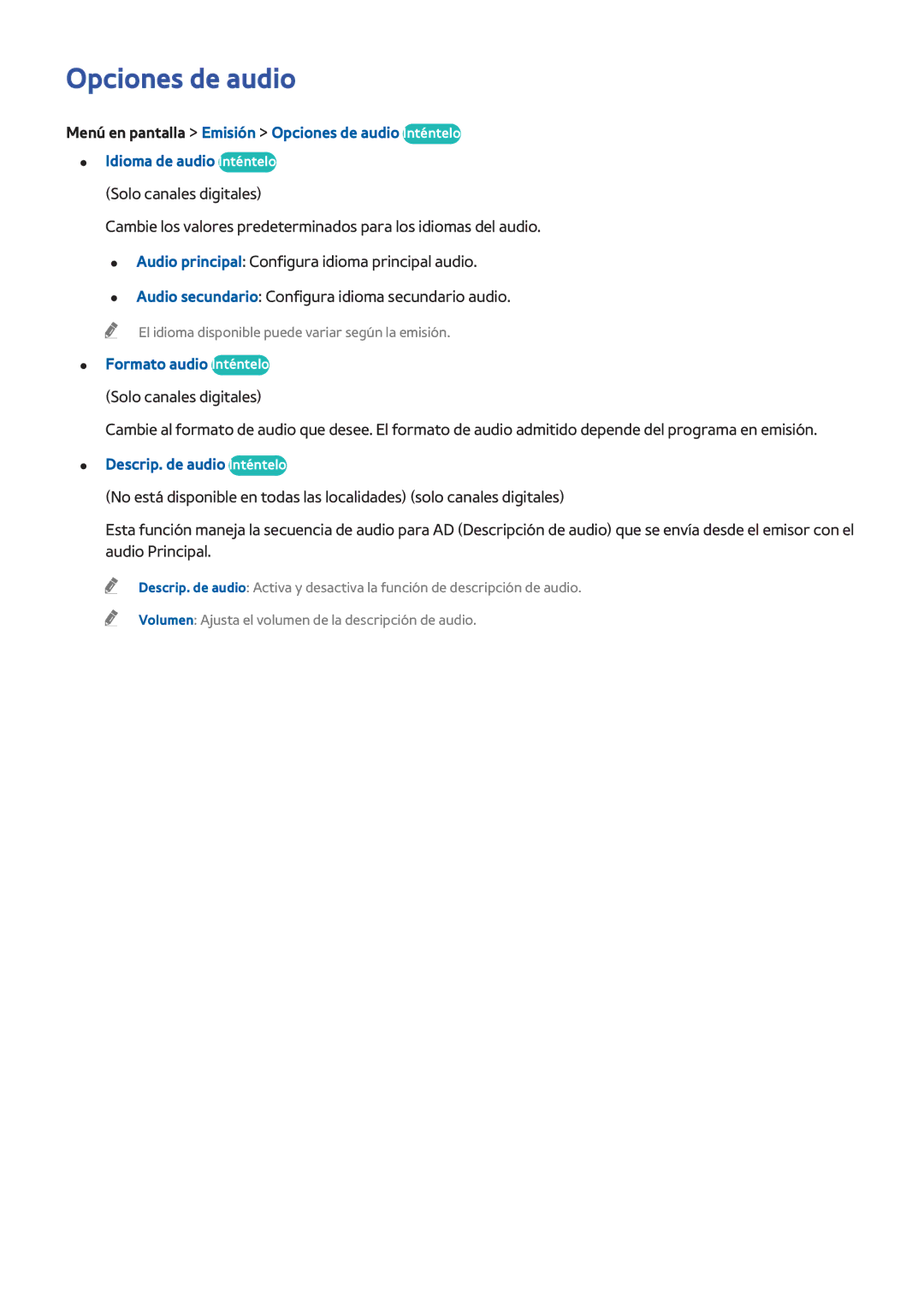 Samsung UE42F5700AWXXC, UE32F5700AWXZH manual Opciones de audio, Formato audio Inténtelo, Descrip. de audio Inténtelo 