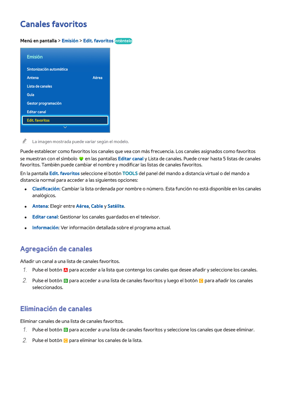 Samsung UE32F5300AWXXC manual Canales favoritos, Agregación de canales, Menú en pantalla Emisión Edit. favoritos Inténtelo 
