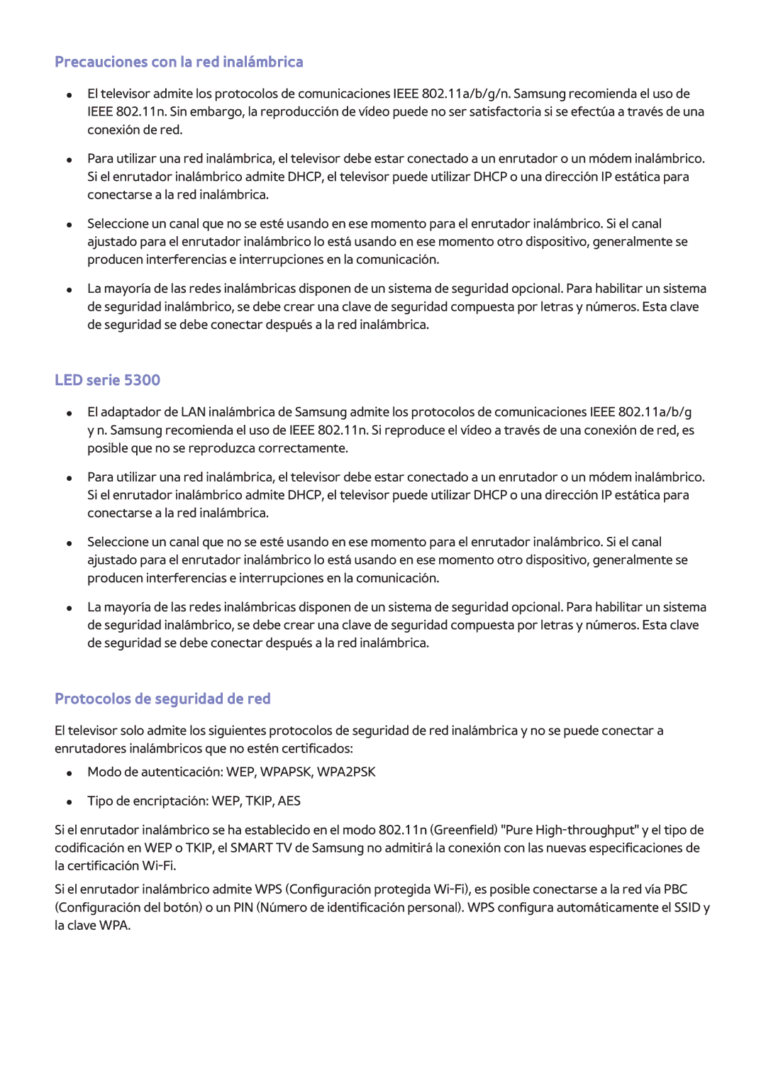 Samsung UE46F6200AWXXC, UE32F5700AWXZH, UE65F6400AWXXH Precauciones con la red inalámbrica, Protocolos de seguridad de red 