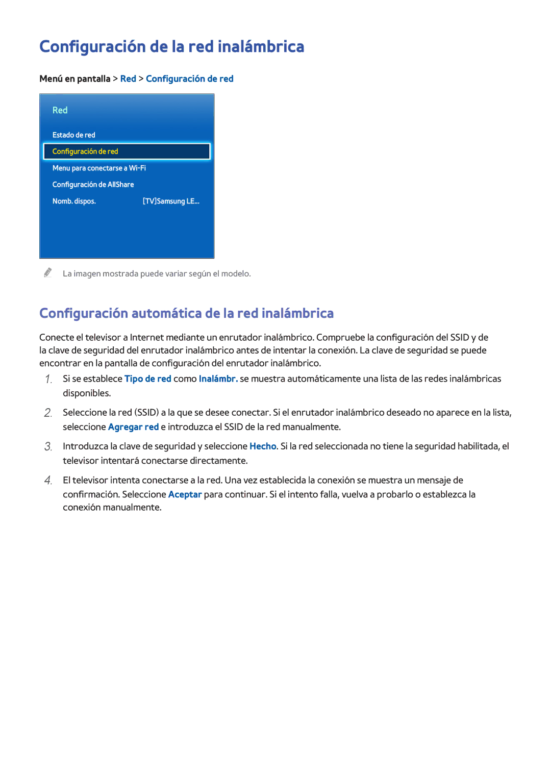 Samsung UE46F6470SSXXH, UE32F5700AWXZH Configuración de la red inalámbrica, Configuración automática de la red inalámbrica 