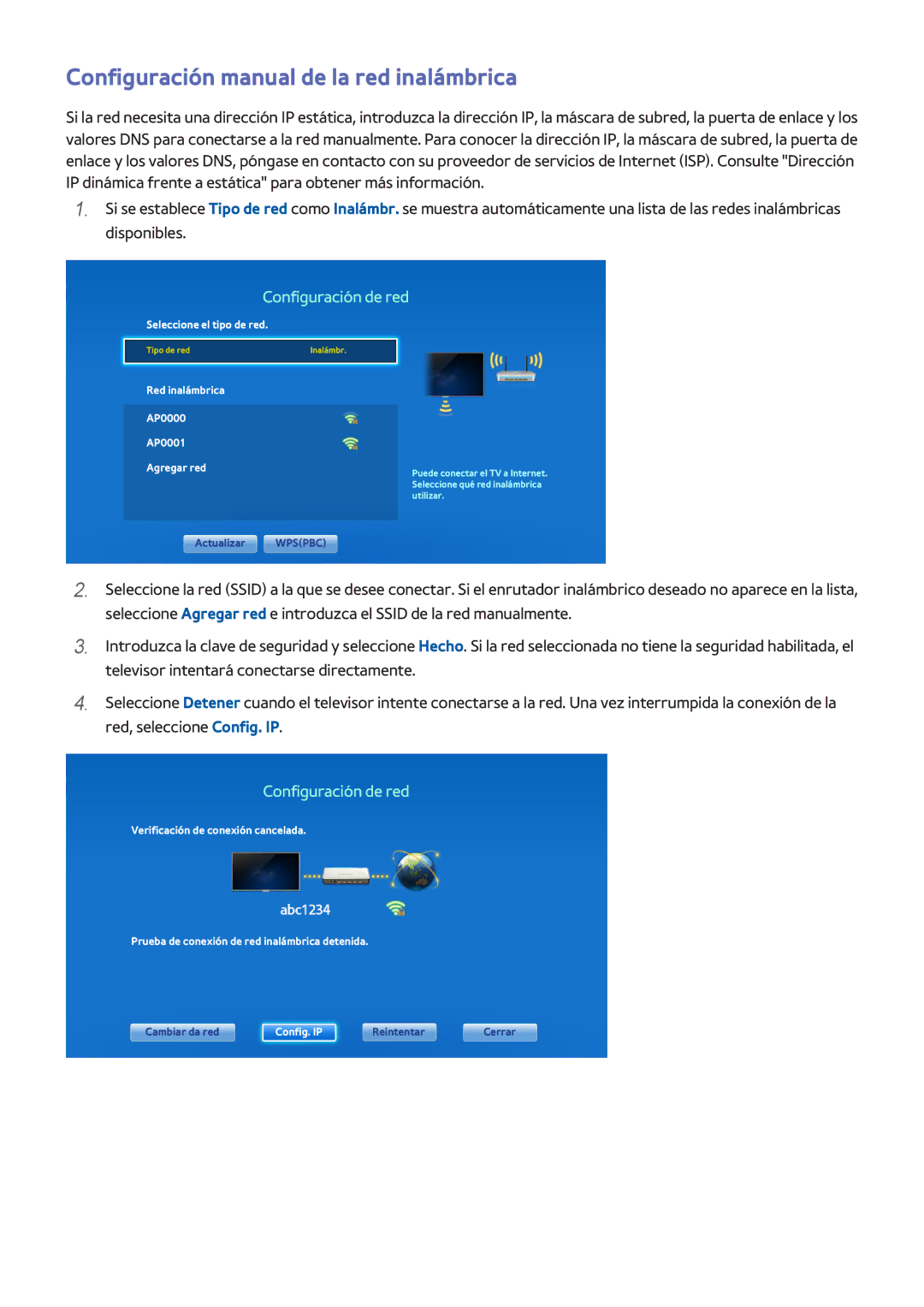 Samsung UE46F5500AWXXH, UE32F5700AWXZH, UE65F6400AWXXH Configuración manual de la red inalámbrica, Configuración de red 