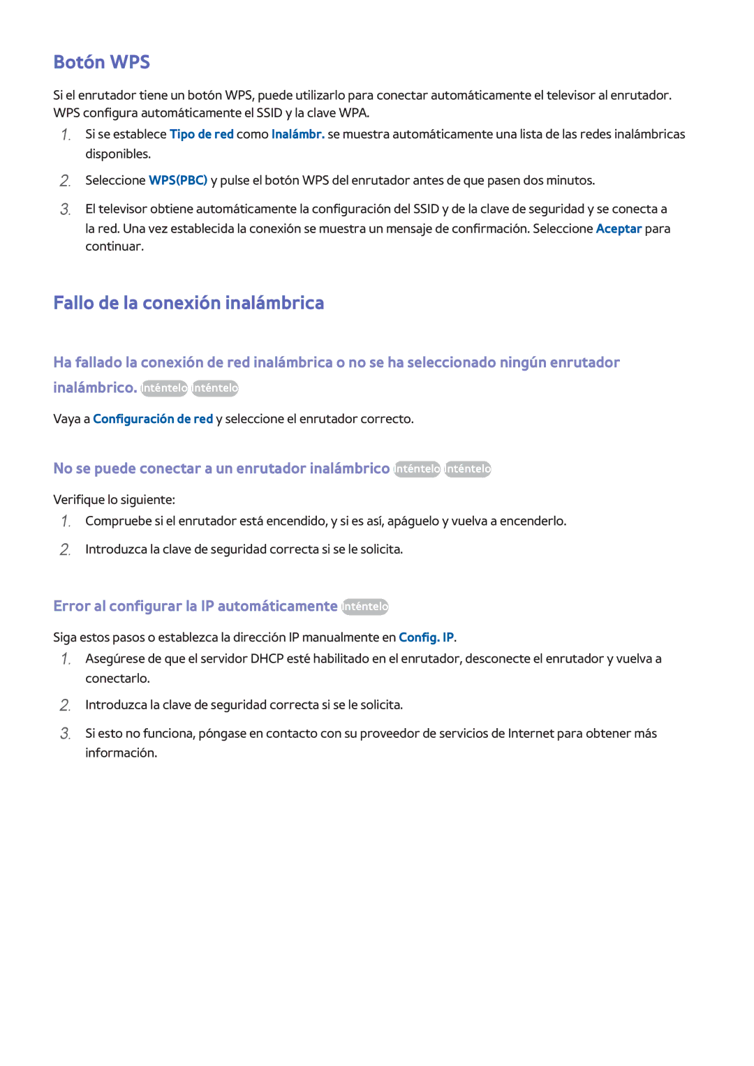 Samsung UE55F6510SSXXC, UE32F5700AWXZH, UE65F6400AWXXH, UE40F6400AWXXC manual Botón WPS, Fallo de la conexión inalámbrica 