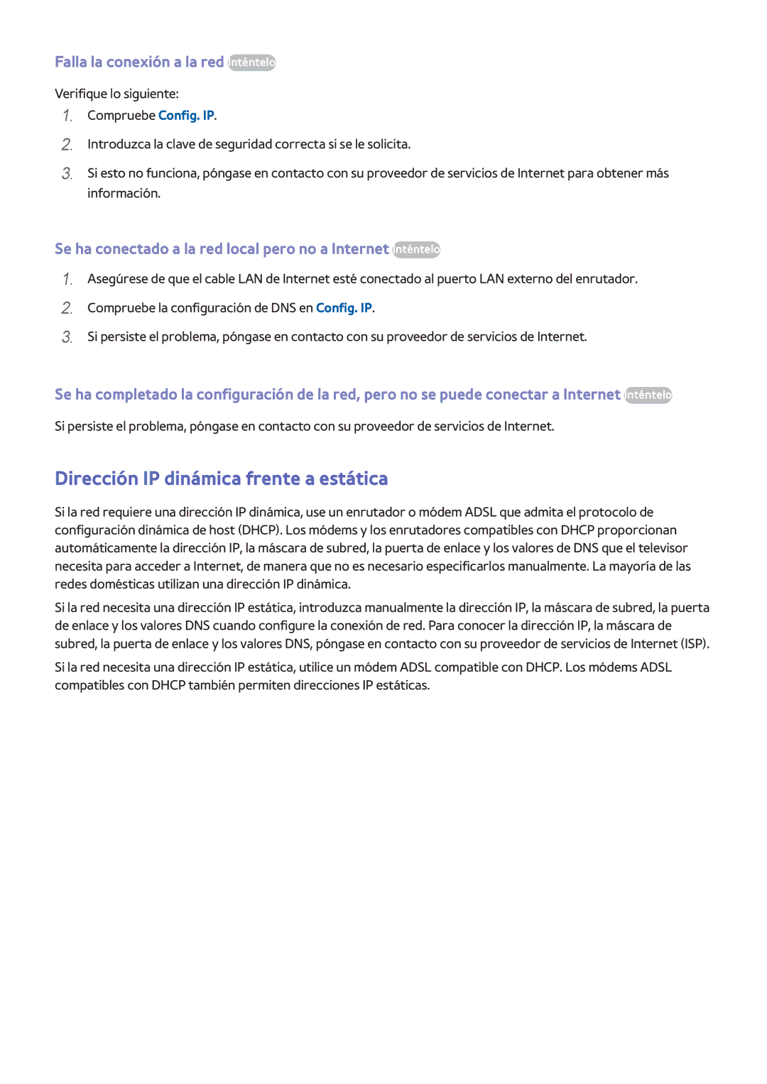 Samsung UE40F6500SSXXC, UE32F5700AWXZH manual Dirección IP dinámica frente a estática, Falla la conexión a la red Inténtelo 