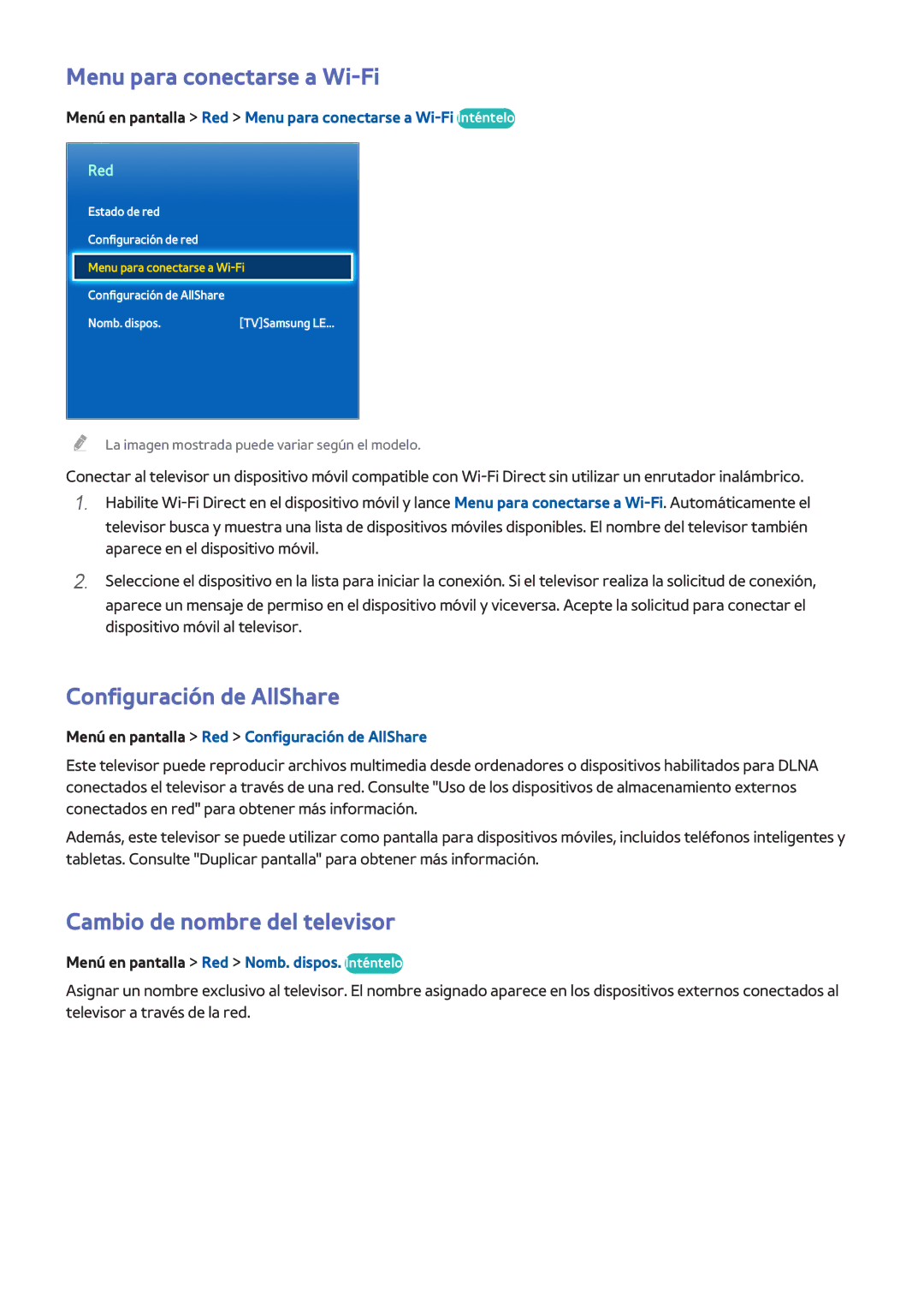 Samsung UE75F6400AWXXC manual Menu para conectarse a Wi-Fi, Configuración de AllShare, Cambio de nombre del televisor 