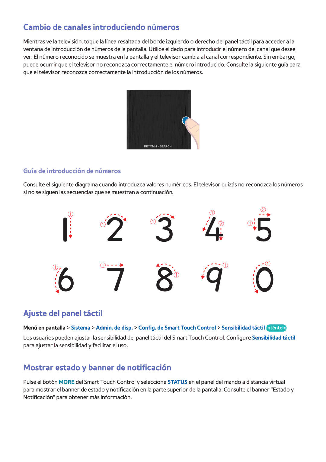 Samsung UE32F6510SSXXC Cambio de canales introduciendo números, Ajuste del panel táctil, Guía de introducción de números 