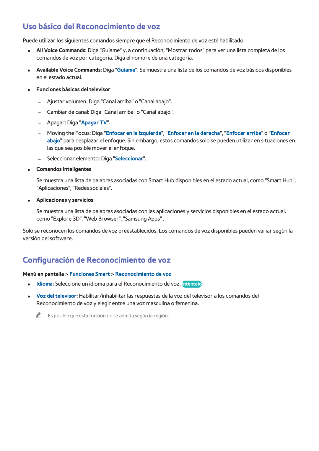 Samsung UE40F5500AWXXC, UE32F5700AWXZH manual Uso básico del Reconocimiento de voz, Configuración de Reconocimiento de voz 