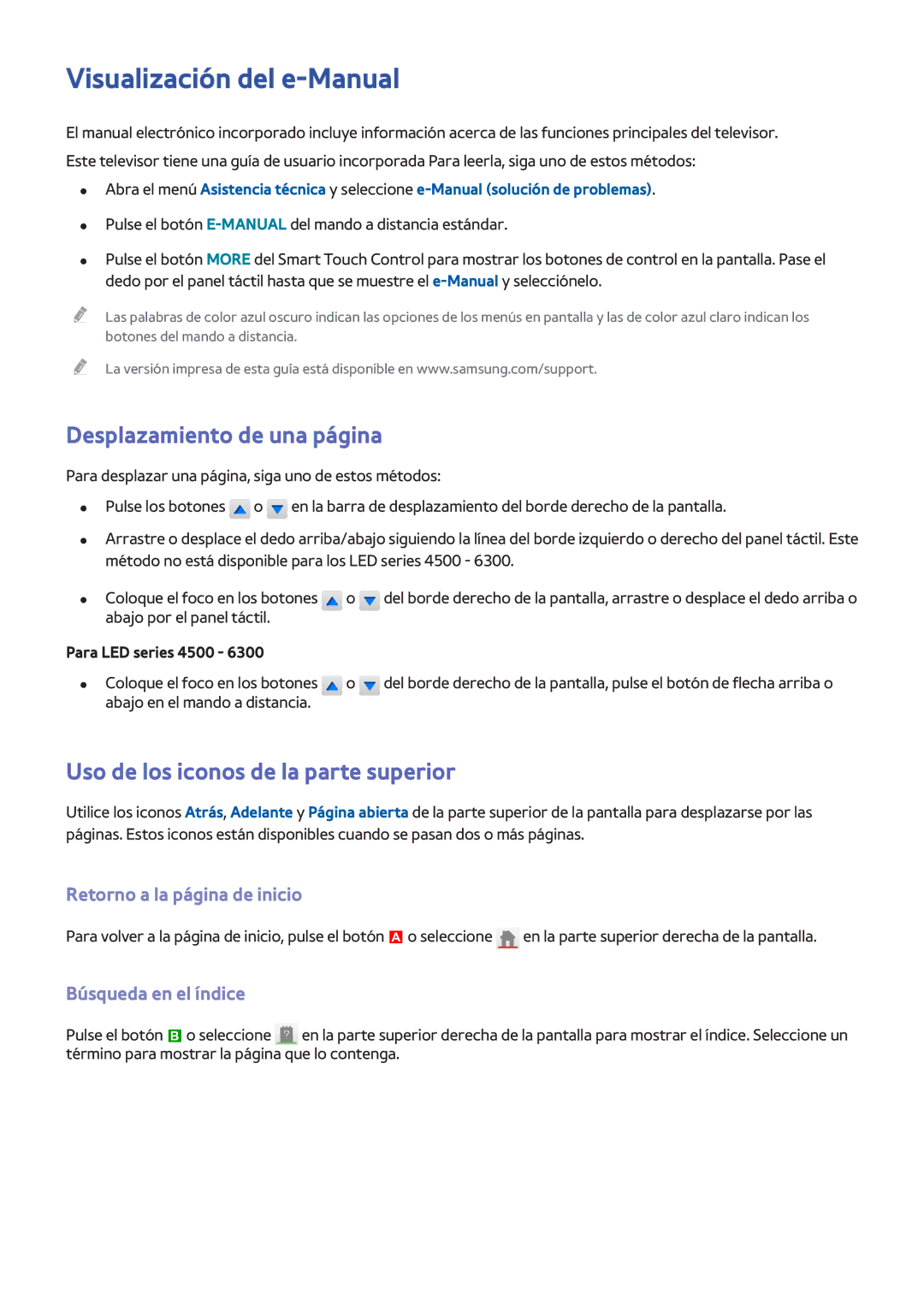 Samsung UE46F5500AWXXC Visualización del e-Manual, Desplazamiento de una página, Uso de los iconos de la parte superior 