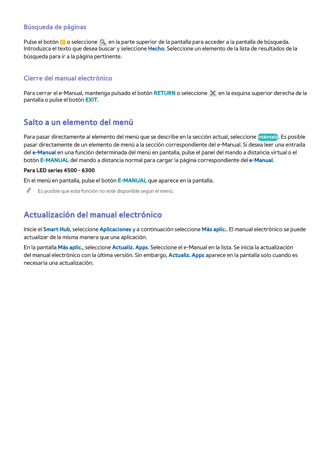 Samsung UE40F6320AWXXC Salto a un elemento del menú, Actualización del manual electrónico, Búsqueda de páginas 