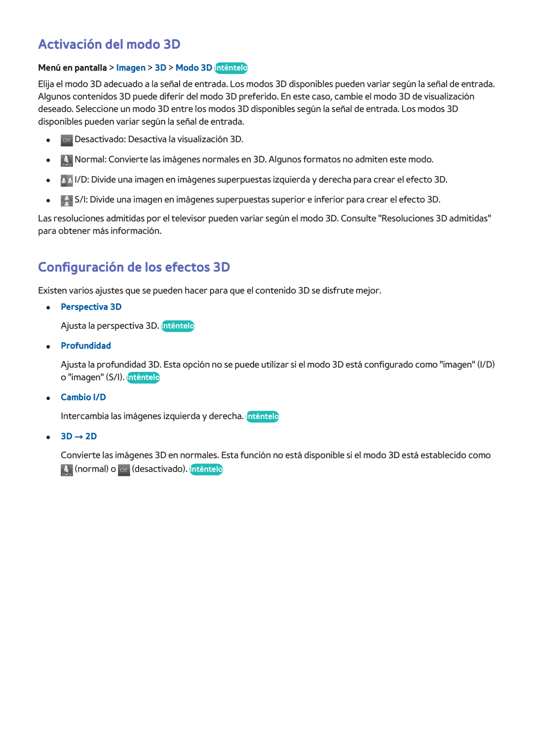 Samsung UE40F6500SBXXH, UE32F5700AWXZH, UE65F6400AWXXH manual Activación del modo 3D, Configuración de los efectos 3D 