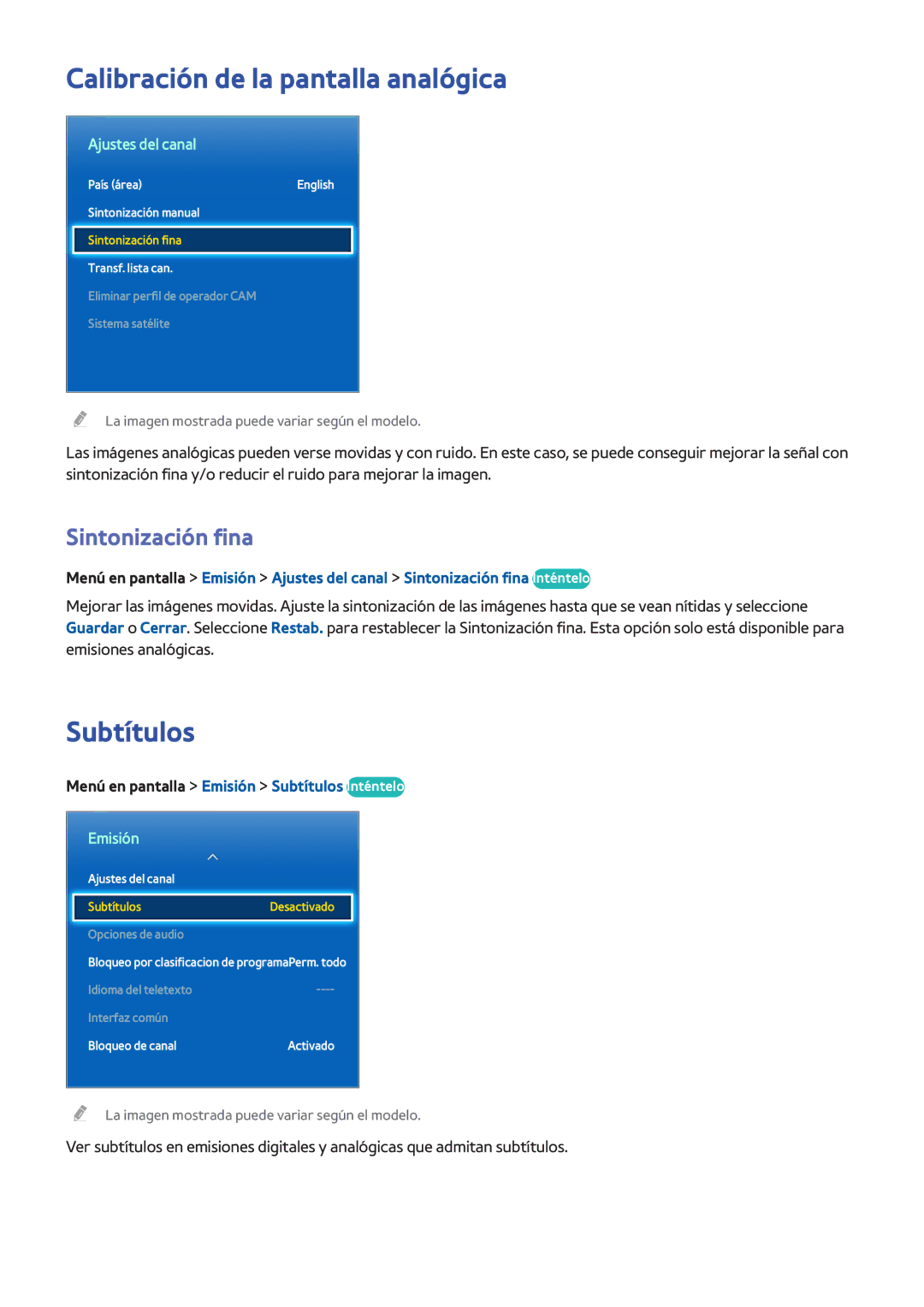 Samsung UE40F6400AKXXH manual Calibración de la pantalla analógica, Subtítulos, Sintonización fina, Ajustes del canal 