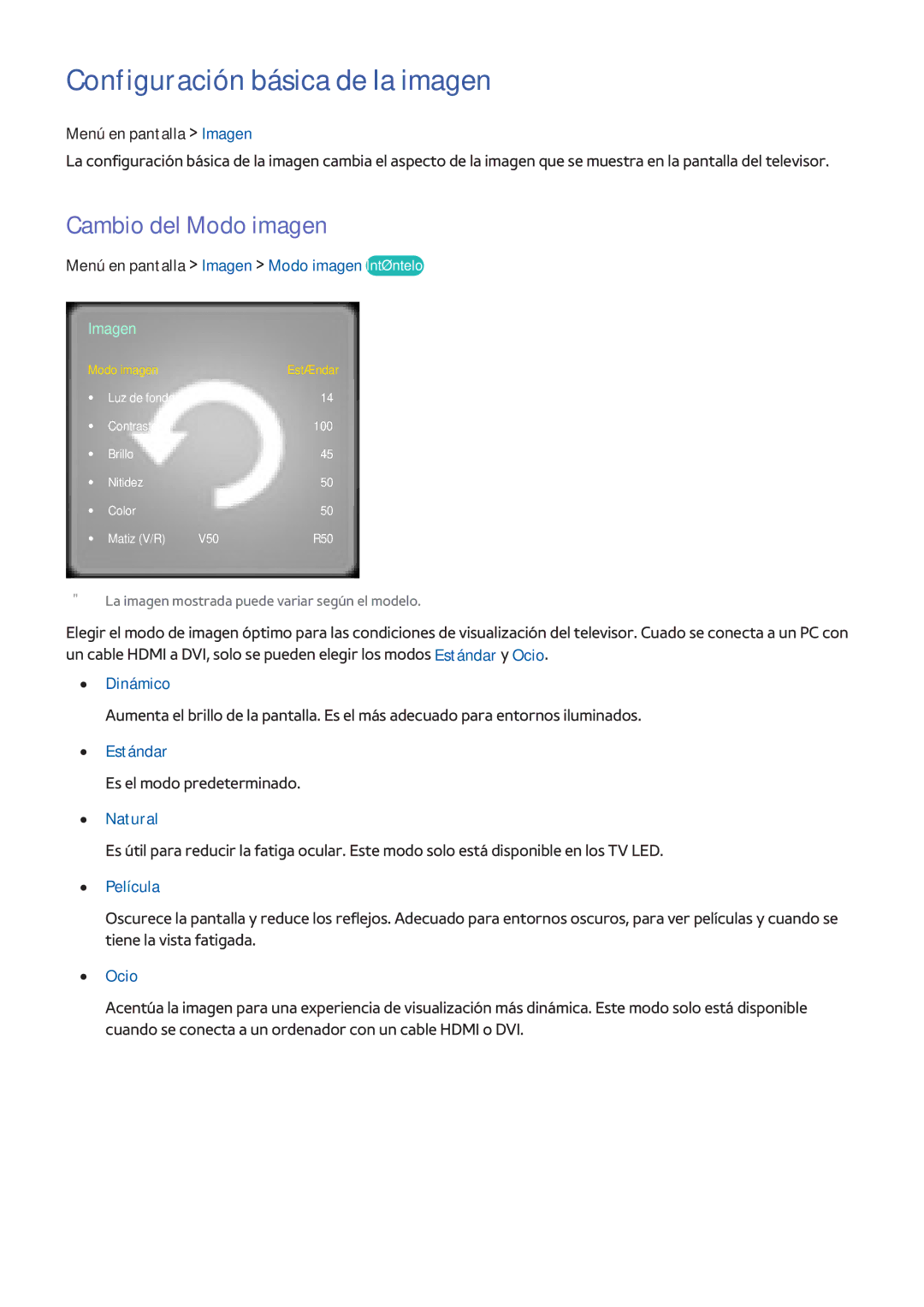 Samsung UE42F5500AWXXH, UE32F5700AWXZH, UE65F6400AWXXH manual Configuración básica de la imagen, Cambio del Modo imagen  