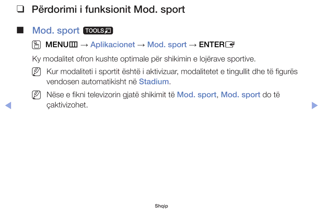 Samsung UE60F6100AWXXH Përdorimi i funksionit Mod. sport, Mod. sport t, OO MENUm → Aplikacionet → Mod. sport → Entere 