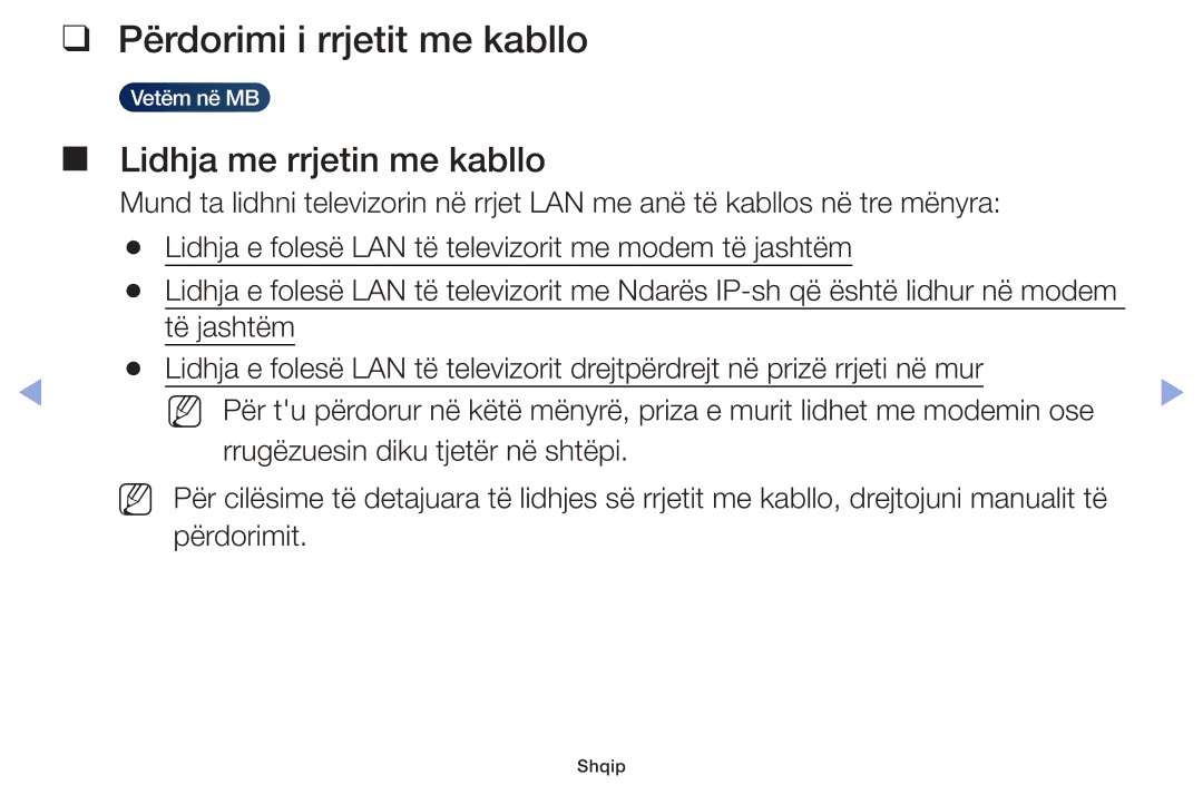 Samsung UE46F6100AWXXH, UE32F6100AWXXH, UE40F6100AWXXH manual Përdorimi i rrjetit me kabllo, Lidhja me rrjetin me kabllo 