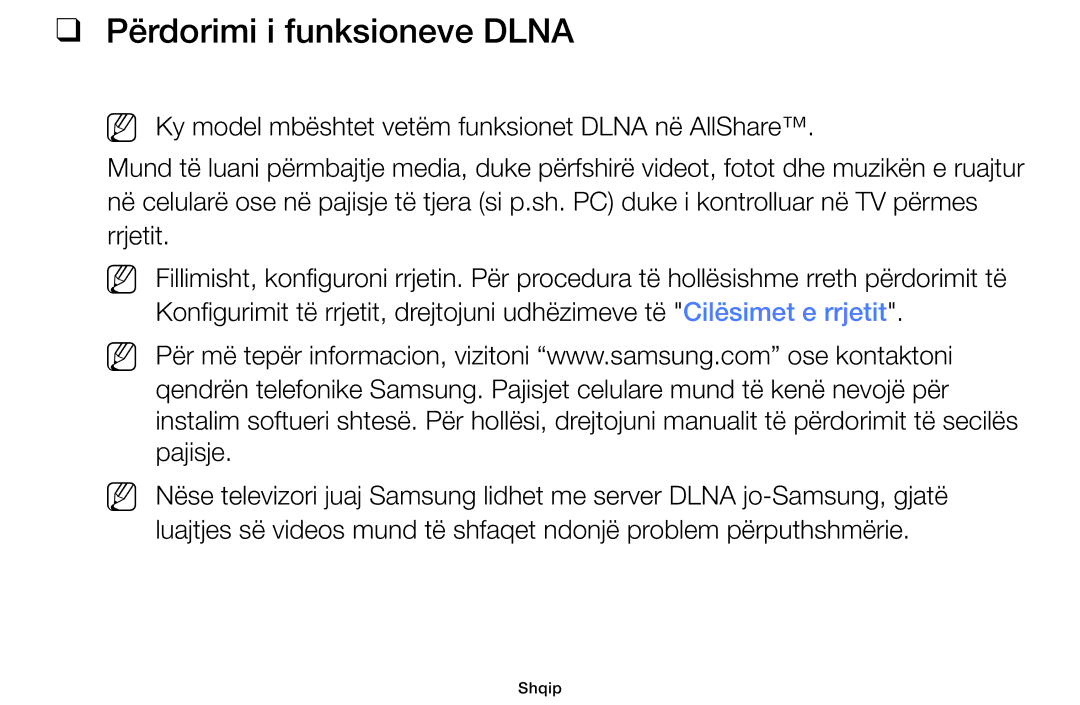 Samsung UE60F6100AWXXH manual Përdorimi i funksioneve Dlna, NN Ky model mbështet vetëm funksionet Dlna në AllShare 