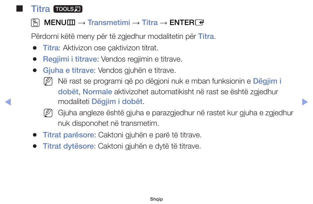 Samsung UE28F4000AWXXH, UE32F6100AWXXH manual Titra t, OO MENUm → Transmetimi → Titra → Entere, Modaliteti Dëgjim i dobët 