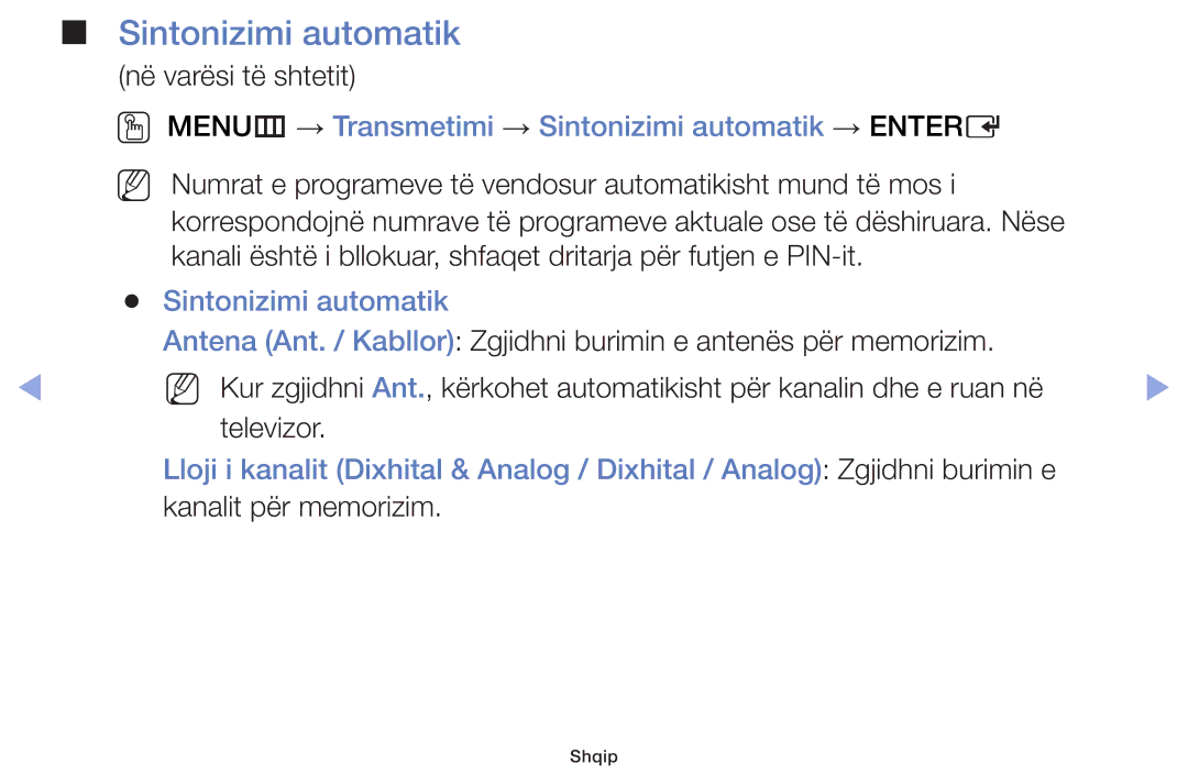Samsung UE46F6100AWXXH, UE32F6100AWXXH, UE40F6100AWXXH manual OO MENUm → Transmetimi → Sintonizimi automatik → Entere 