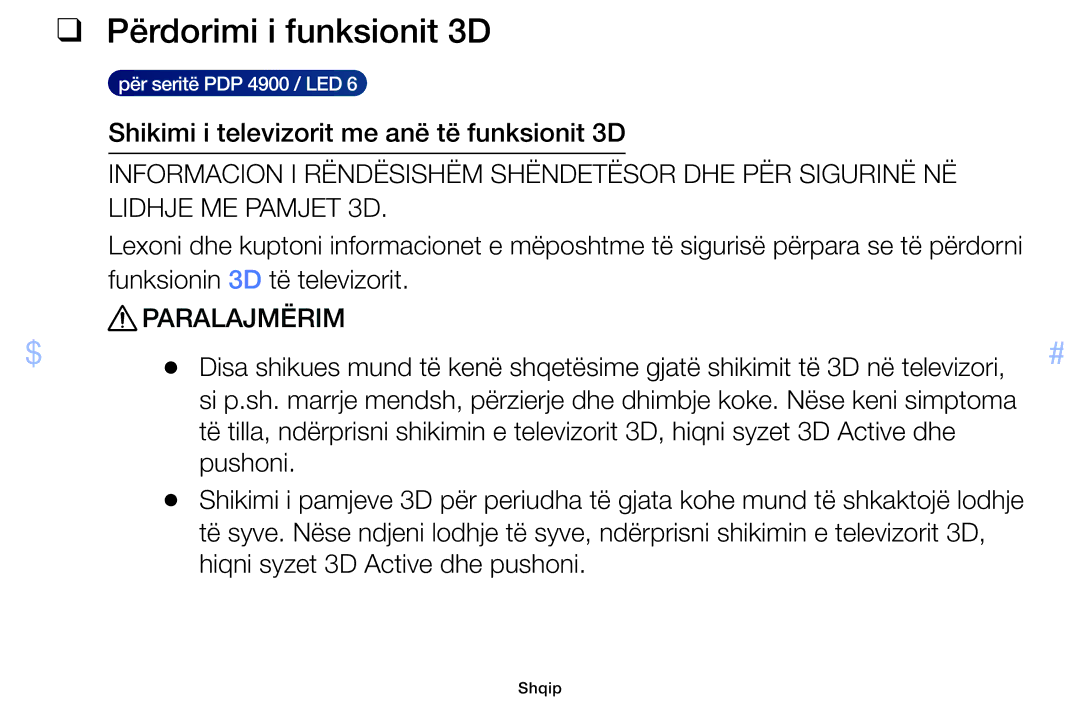 Samsung UE40F6100AWXXH, UE32F6100AWXXH, UE22F5000AWXXH, UE28F4000AWXXH manual Përdorimi i funksionit 3D, Paralajmërim 