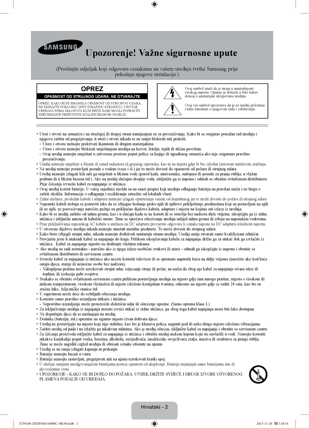 Samsung UE46F6100AWXXC, UE32F6100AWXXH, UE40F6100AWXXH, UE40F6100AWXXC manual Upozorenje! Važne sigurnosne upute, Hrvatski 