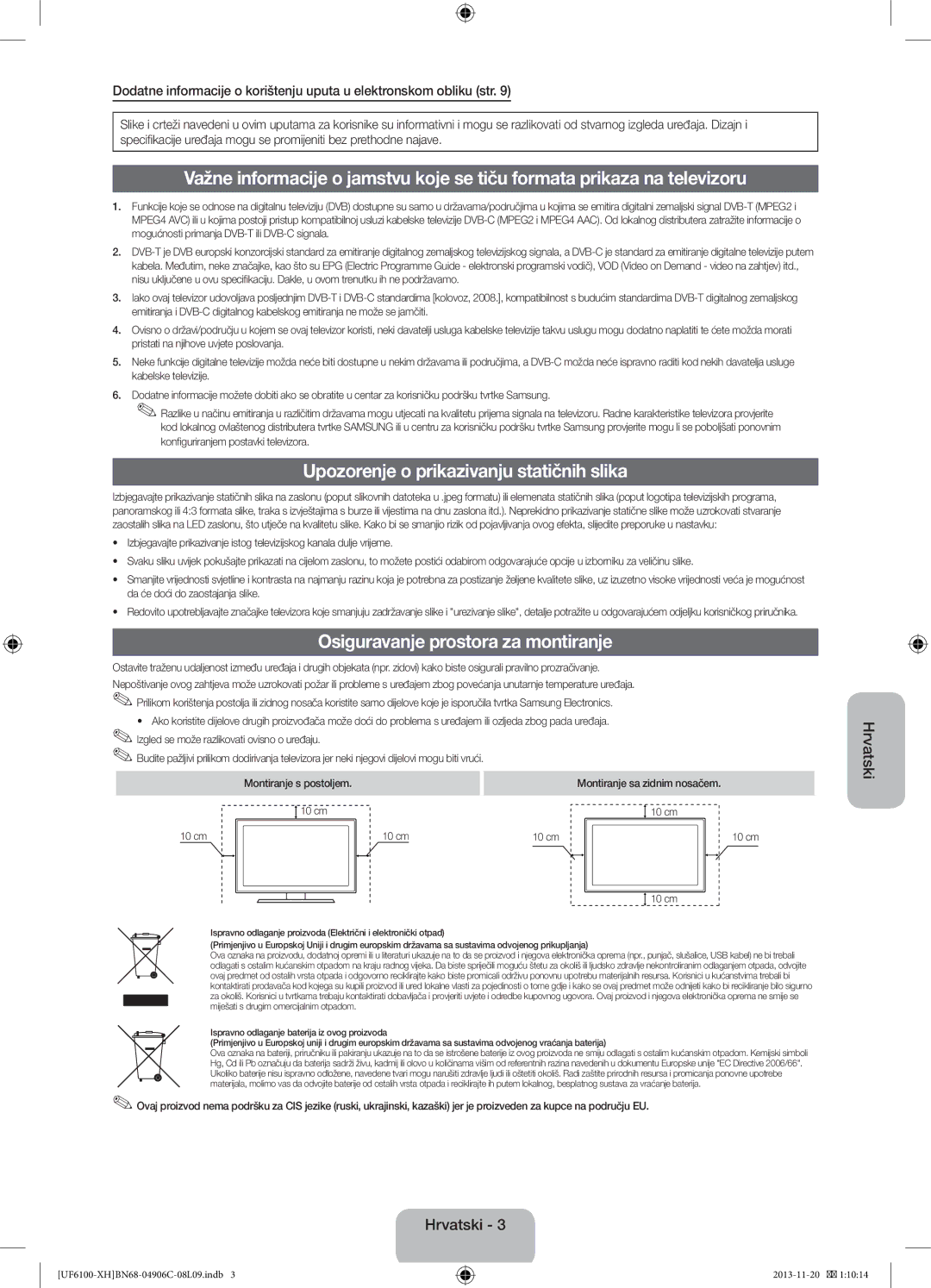 Samsung UE50F6100AWXXC, UE32F6100AWXXH manual Upozorenje o prikazivanju statičnih slika, Osiguravanje prostora za montiranje 